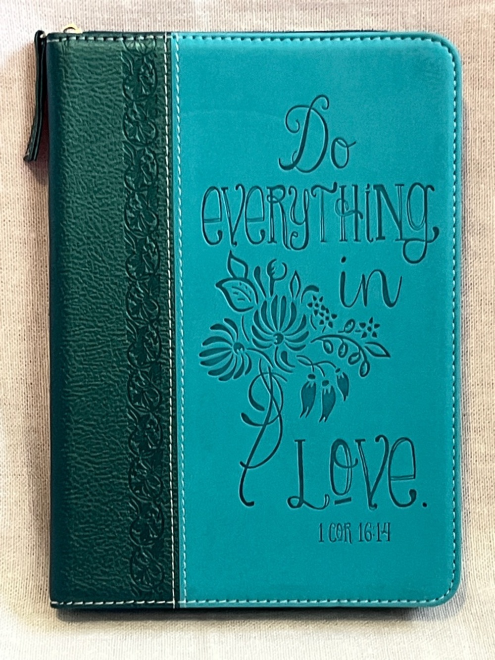 Teal & Dark Green Zip Journal - Inspirational 'Do Everything in Love'